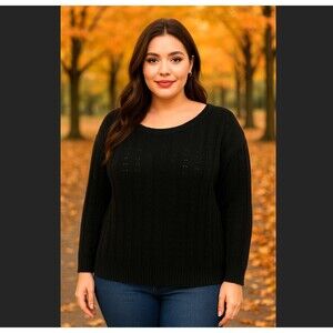 Terra & Sky Black Knit Pointelle Boat Neck Sweater Women's Plus Size 0X 14W EUC